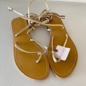 NWT Pilcro Anthropologie Tie Up Gold Leather Boho Thong Sandals
